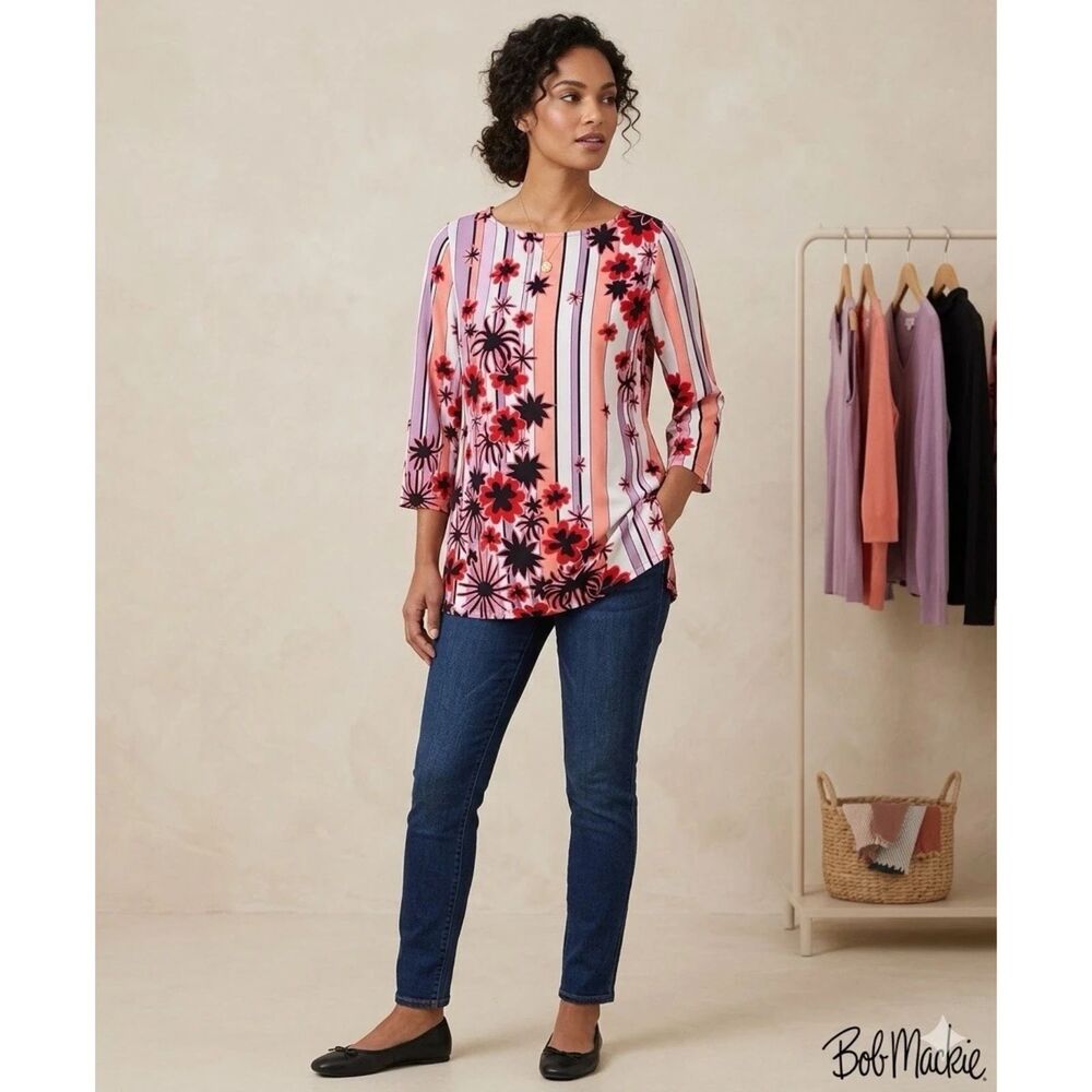 Bob Mackie Blouse Womens Sz XXS Wearable Art Tunic Floral Pink Top Shirt Casual